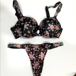 Black Floral Shine Strap Bombshell Bra and Shine Strap Thong set